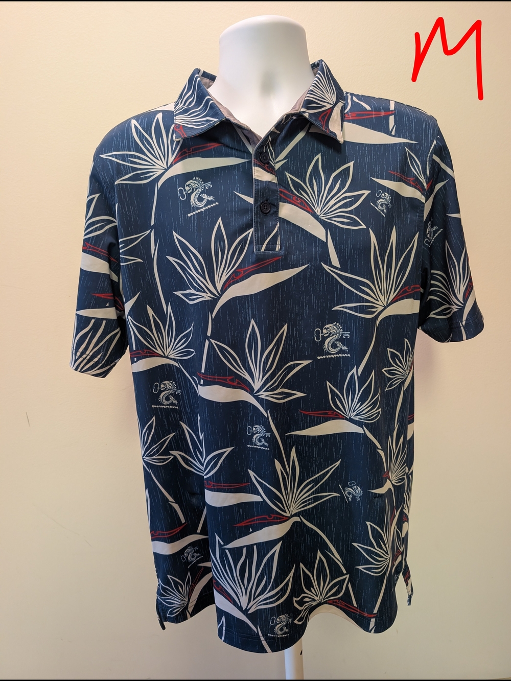Men's Navy Floral Pattern Polo Shirt with White and Red Accents